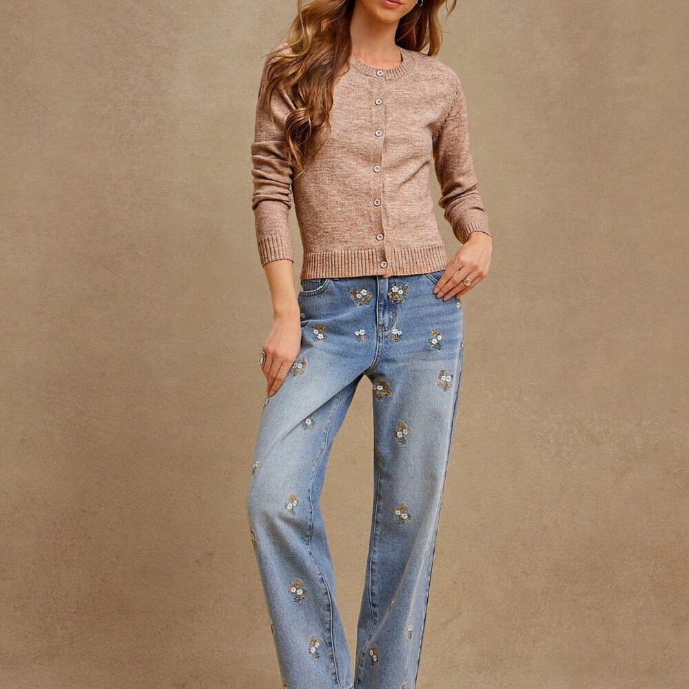 Khaki Casual Women's Crewneck Button Front Long Sleeve Sweater Cardigan - Picture 5 of 5
